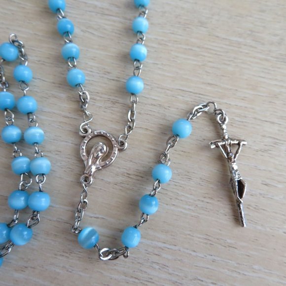 New Rosary Blue Beaded Catholic Silver Tone Crucifix Cross Religious 17" Length - Picture 1 of 5